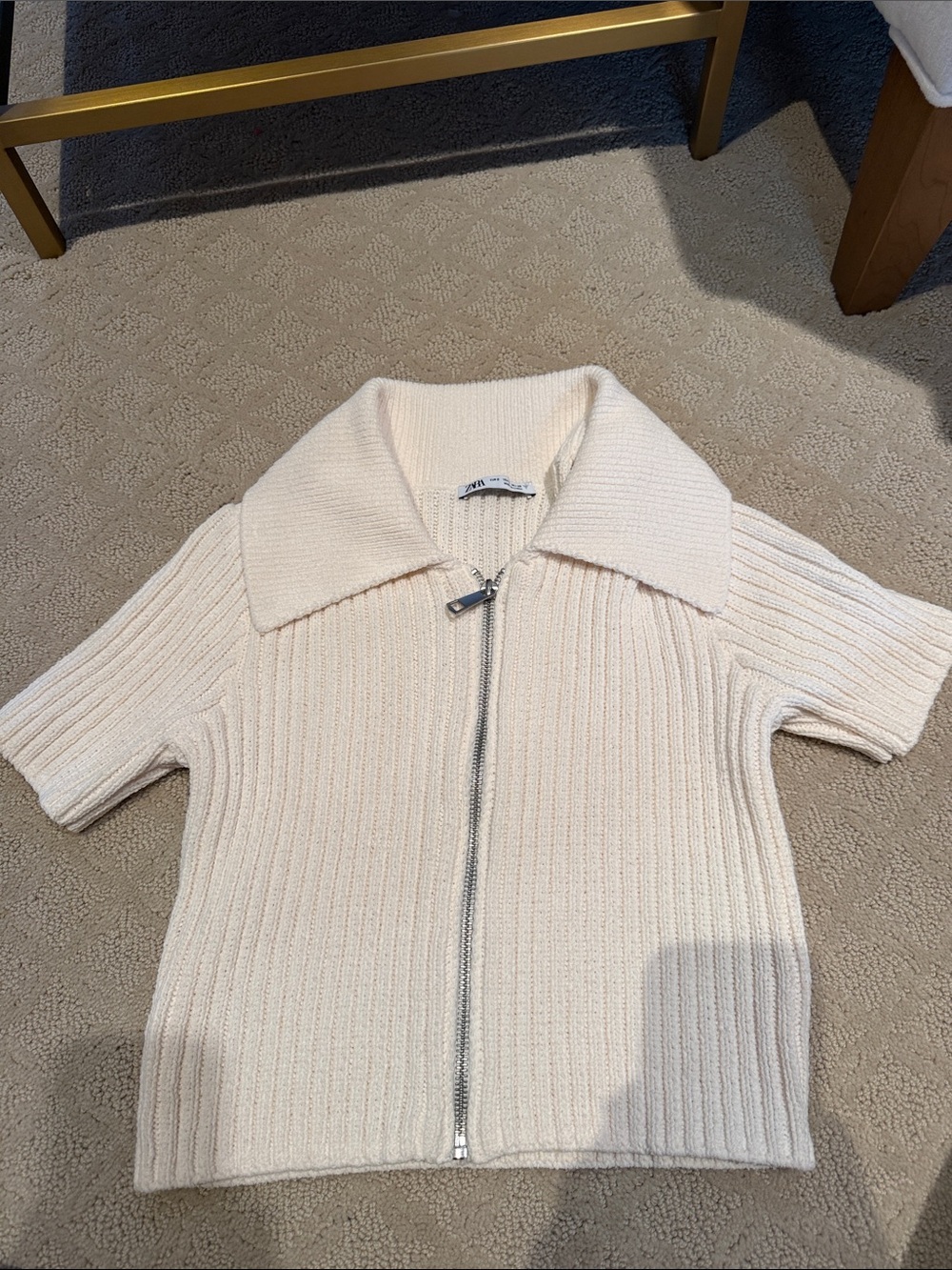 Zara Cream Ribbed Short-Sleeve Zip-Up Sweater